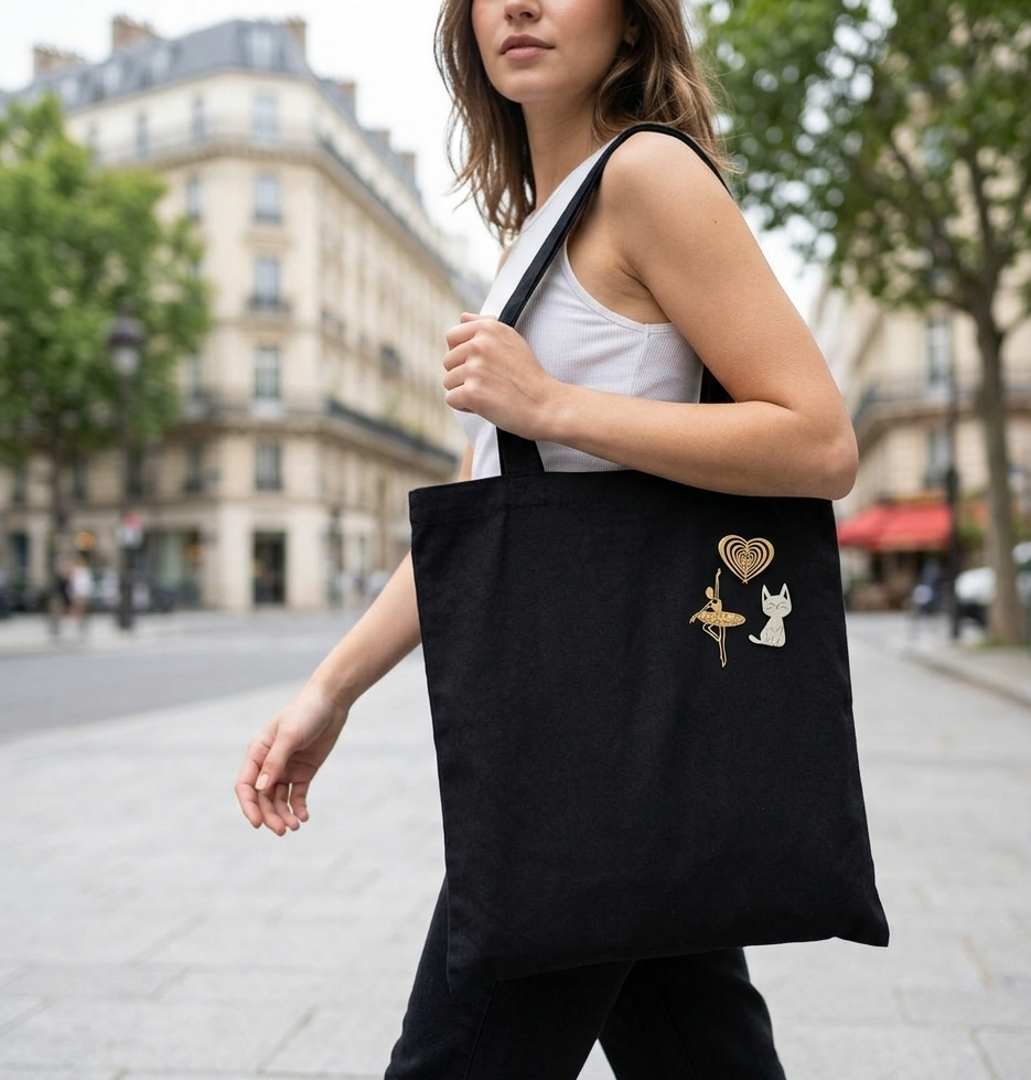 Sélection broches aimantées KD Softy Bijoux portées sur tote bag noir Paris
