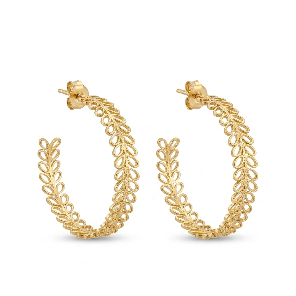Boucles d'oreilles Bouton d'Or créoles filigrane doré motif laurier fond blanc KD Softy Bijoux