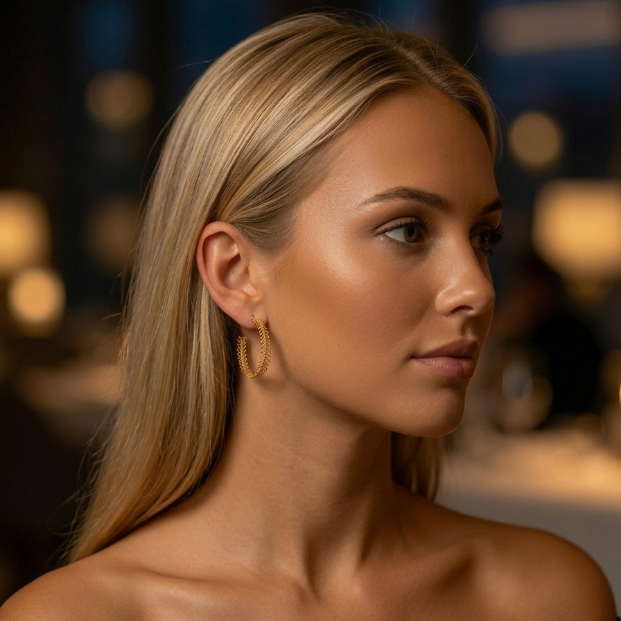 Boucles d'oreilles Bouton d'Or créoles filigrane dorées portées femme blonde tenue de soirée KD Softy Bijoux