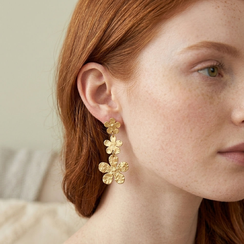 Boucles d'oreilles Cosmos fleurs dorées martelées portées femme rousse tenue de jour KD Softy Bijoux