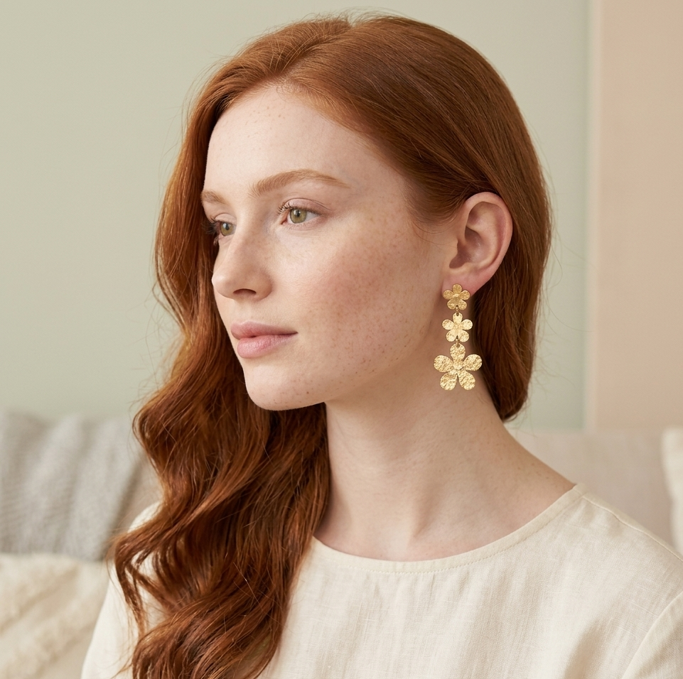 Boucles d'oreilles Cosmos triple cascade fleurs dorées gros plan oreille femme KD Softy Bijoux