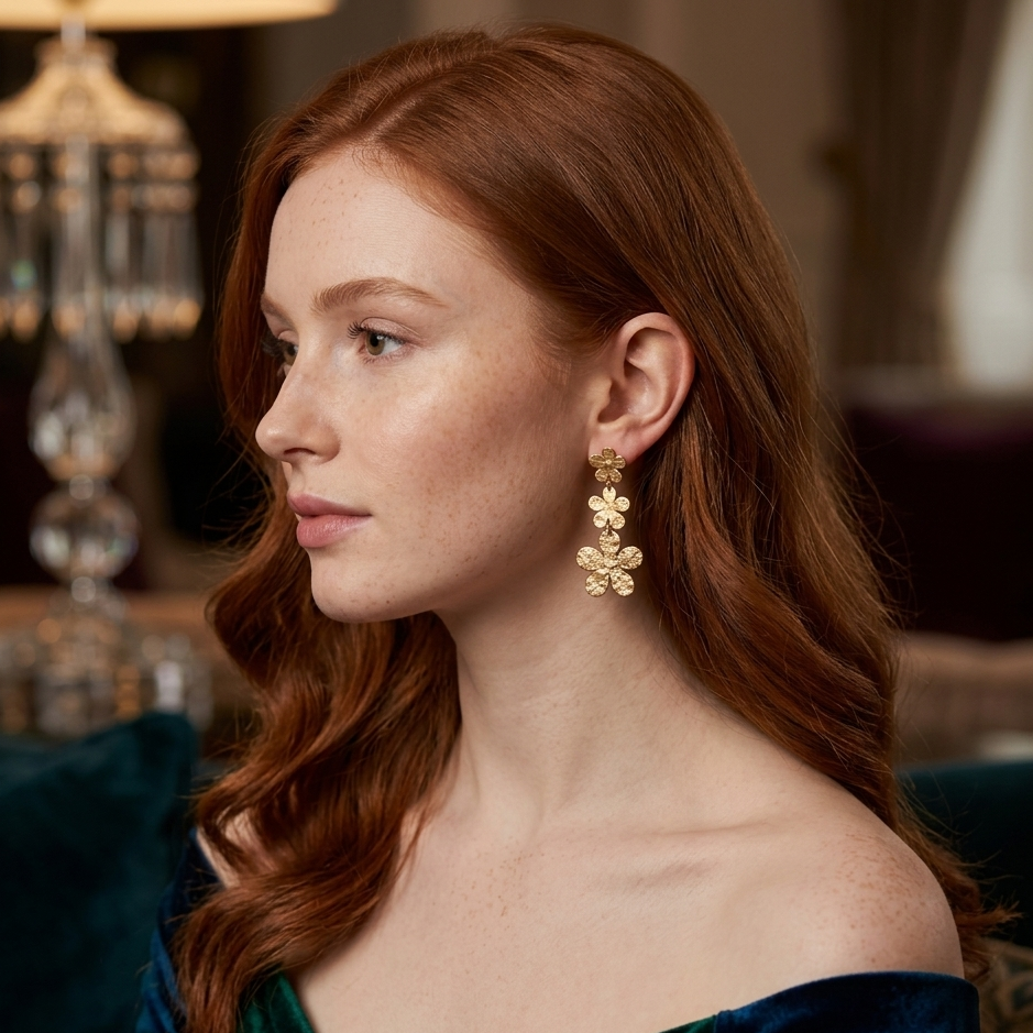Boucles d'oreilles Cosmos fleurs dorées martelées portées femme rousse tenue de soirée KD Softy Bijoux