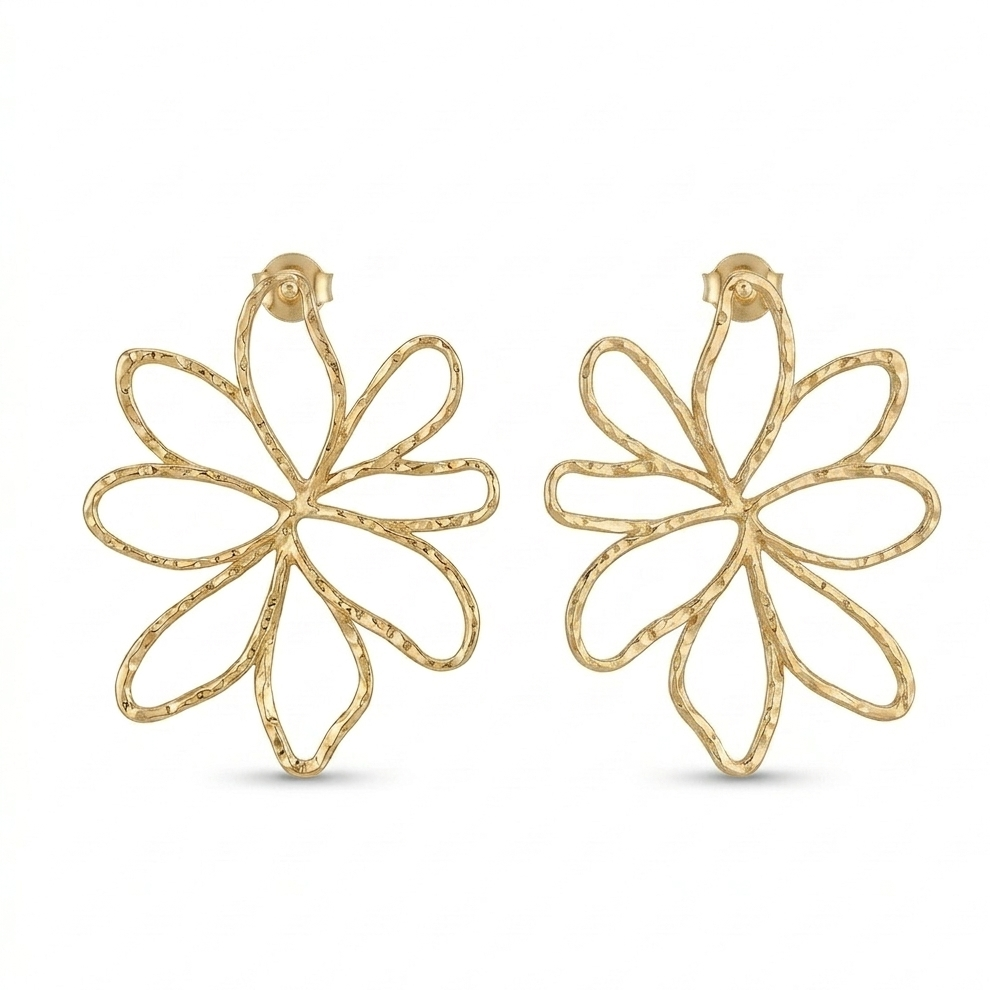 Boucles d'oreilles Dahlia grande fleur ajourée fil métal martelé doré fond blanc KD Softy Bijoux