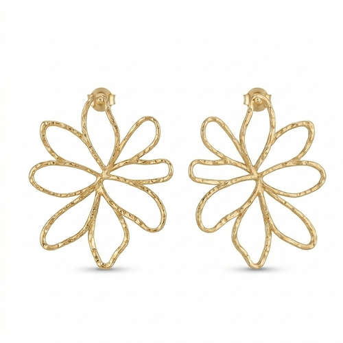 Boucles d'oreilles Dahlia grande fleur ajourée fil métal martelé doré fond blanc KD Softy Bijoux