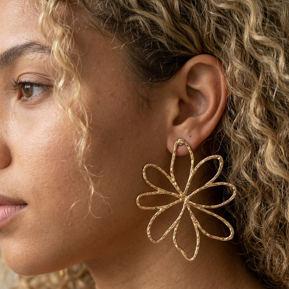 Boucles d'oreilles Dahlia grande fleur dorée ajourée gros plan oreille femme KD Softy Bijoux