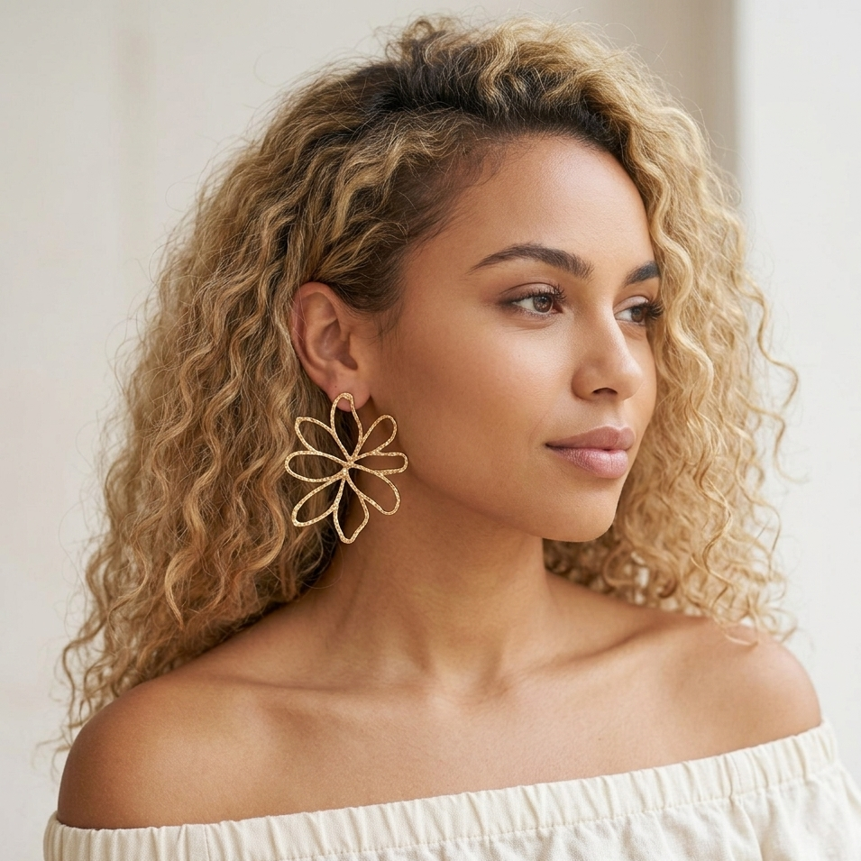 Boucles d'oreilles Dahlia fleur dorée martelée portées femme métisse tenue de jour KD Softy Bijoux