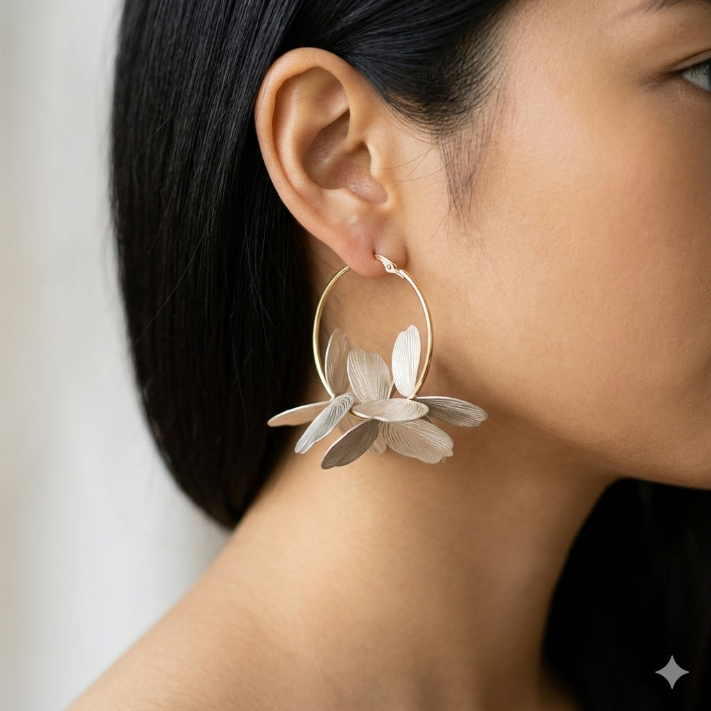Boucles d'oreilles Magnolia créoles dorées pétales argentés translucides gros plan oreille femme KD Softy Bijoux