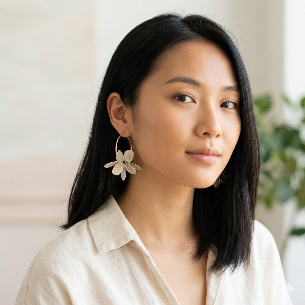 Boucles d'oreilles Magnolia créoles dorées pétales argentés portées femme asiatique tenue de jour KD Softy Bijoux