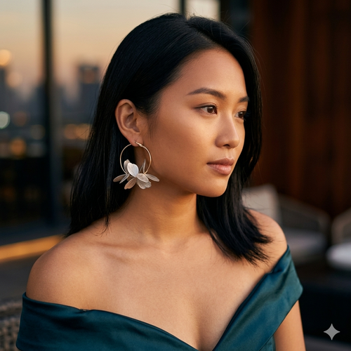Boucles d'oreilles Magnolia créoles dorées pétales argentés portées femme asiatique tenue de soirée KD Softy Bijoux