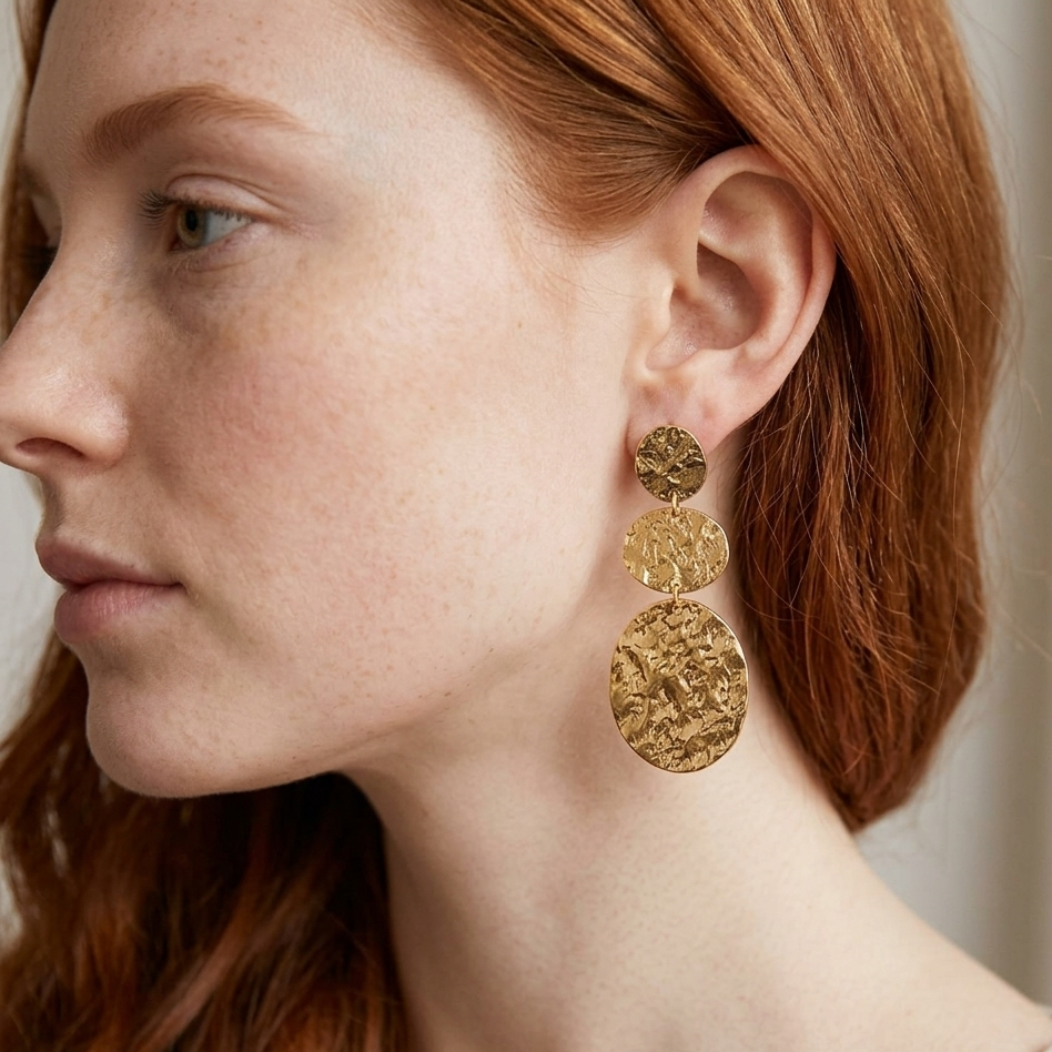 Boucles d'oreilles Mimosa trois disques ovales dorés martelés gros plan oreille femme KD Softy Bijoux