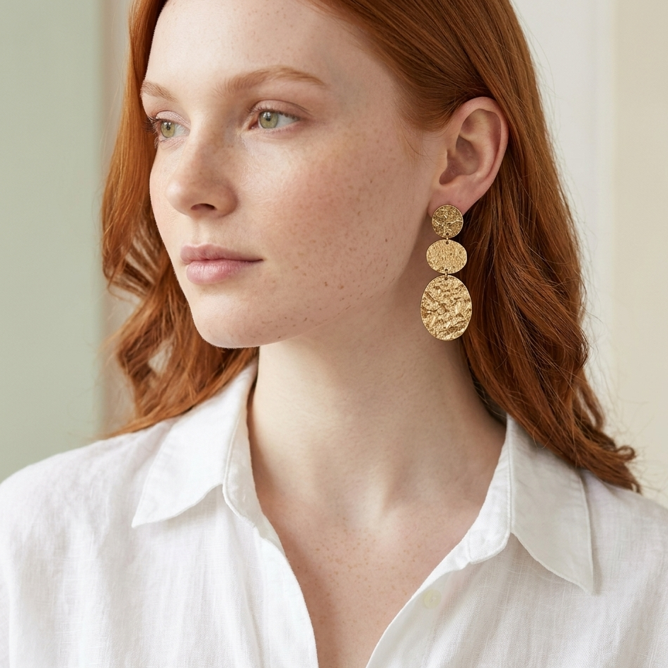 Boucles d'oreilles Mimosa disques dorés martelés portées femme rousse tenue de jour KD Softy Bijoux