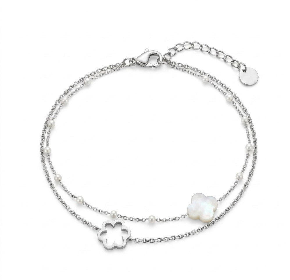 Bracelet Bloom double rangs fleur nacrée irisée argenté fond blanc acier inoxydable – KD Softy Bijoux