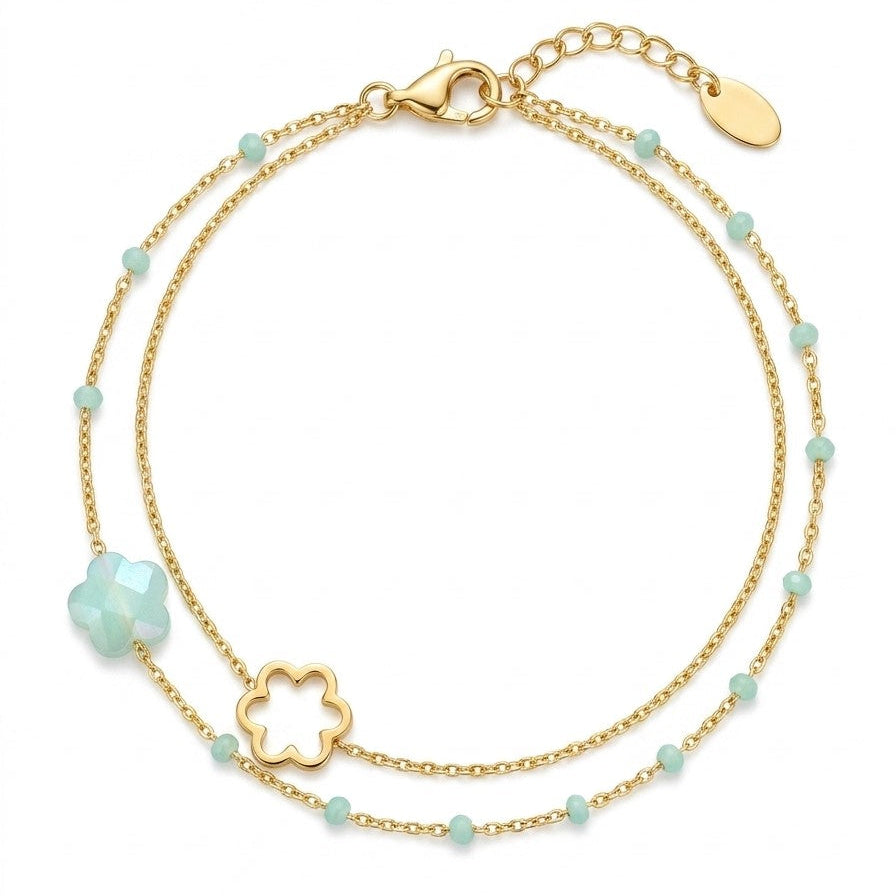 Bracelet Bloom double rangs fleur nacrée vert eau doré fond blanc acier inoxydable – KD Softy Bijoux