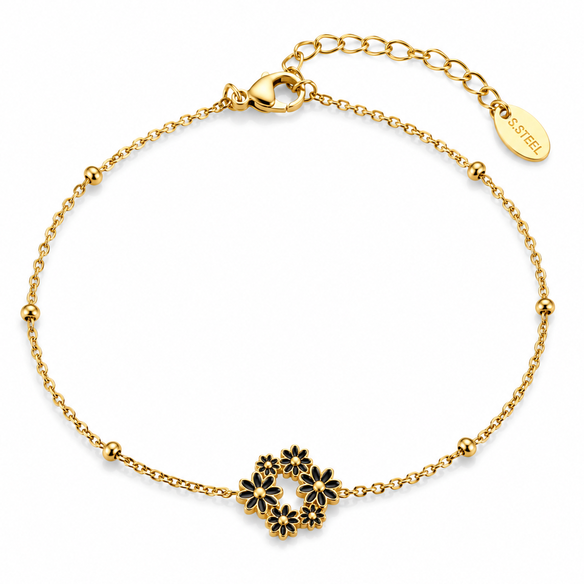 Bracelet Bouquet doré fleur noire en acier inoxydable, chaîne satellite dorée, charm fleur émail noir, fond blanc