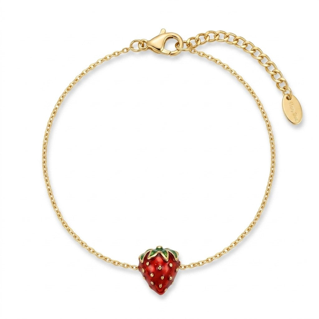 Bracelet charm fraise émail rouge doré 316 fond blanc vue entière – KD Softy Bijoux