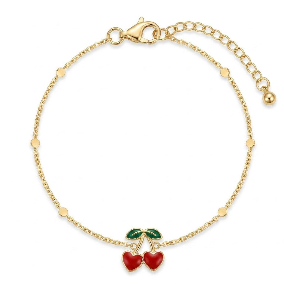 Bracelet Cherry Heart charm cerises cœur émail rouge doré fond blanc – KD Softy Bijoux