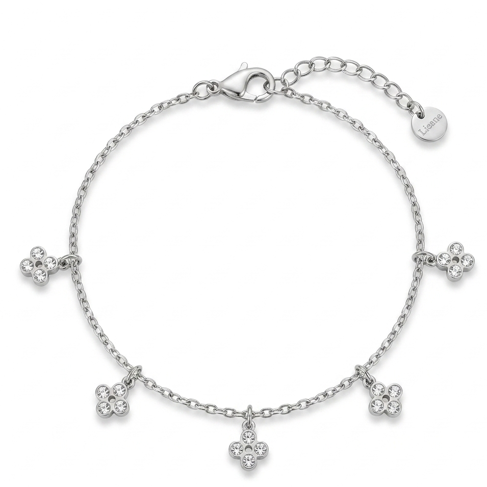 Bracelet Constellation chaîne fine argentée 5 fleurs strass fond blanc acier inoxydable KD Softy Bijoux