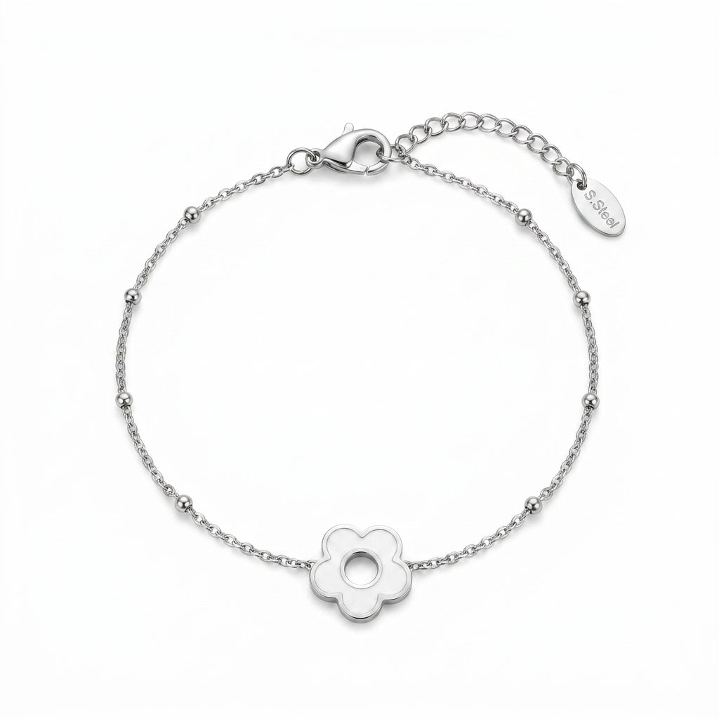 Bracelet Pétale chaîne satellite argentée fleur émail blanc trou central fond blanc acier inoxydable KD Softy Bijoux