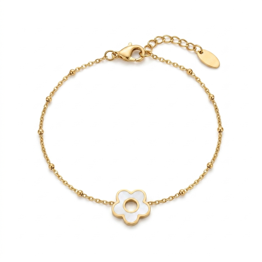 Bracelet Pétale chaîne satellite dorée fleur émail blanc trou central fond blanc acier inoxydable KD Softy Bijoux