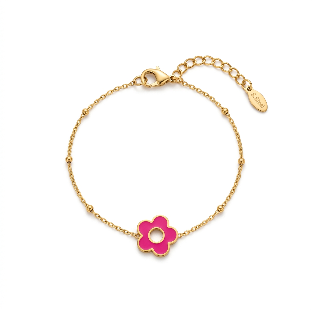 Bracelet Pétale chaîne satellite dorée fleur émail fuchsia trou central fond blanc acier inoxydable KD Softy Bijoux