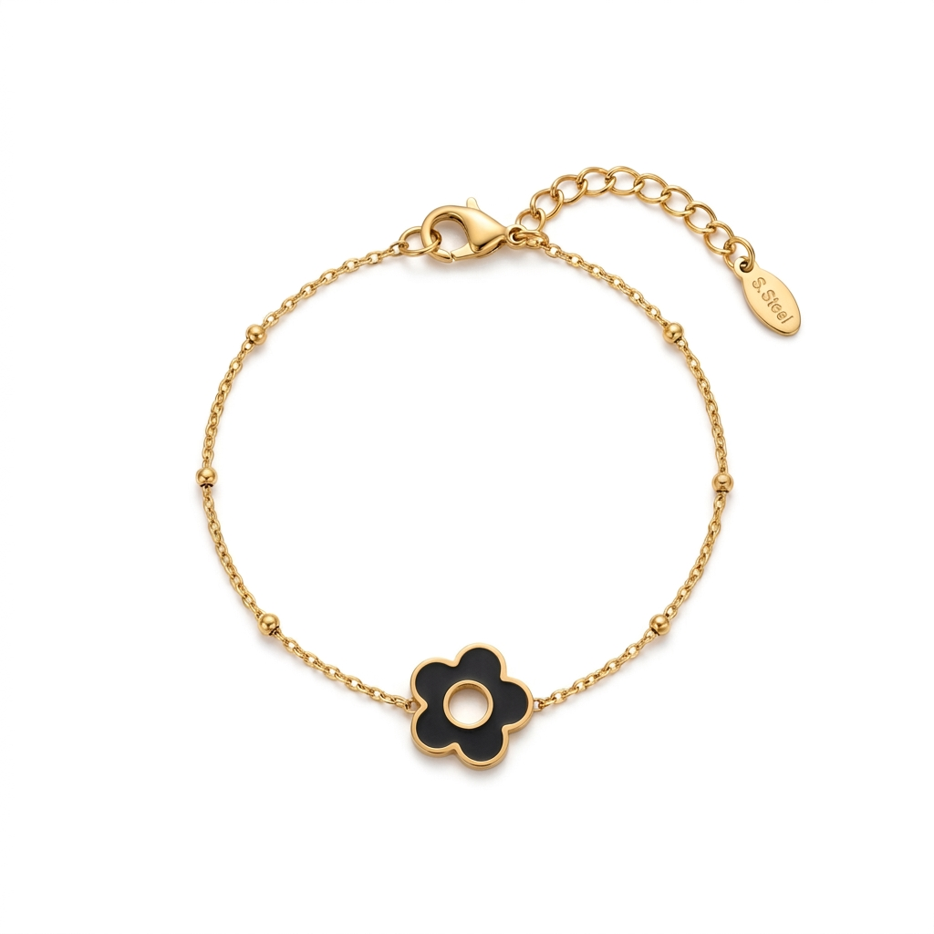 Bracelet Pétale chaîne satellite dorée fleur émail noir trou central fond blanc acier inoxydable KD Softy Bijoux