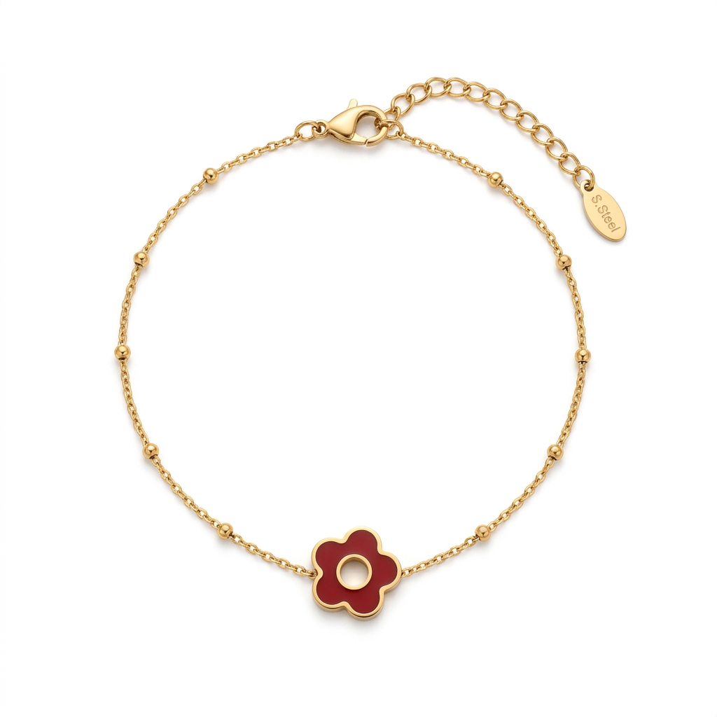 Bracelet Pétale chaîne satellite dorée fleur émail rouge trou central fond blanc acier inoxydable KD Softy Bijoux