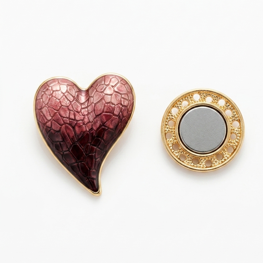 Broche aimantée Alma face avant et pièce magnétique dorée système fermeture sans percer tissu fond blanc