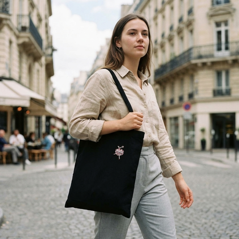 Broche aimantée ballerine fleurs roses strass portée sur tote bag noir style parisien KD Softy Bijoux