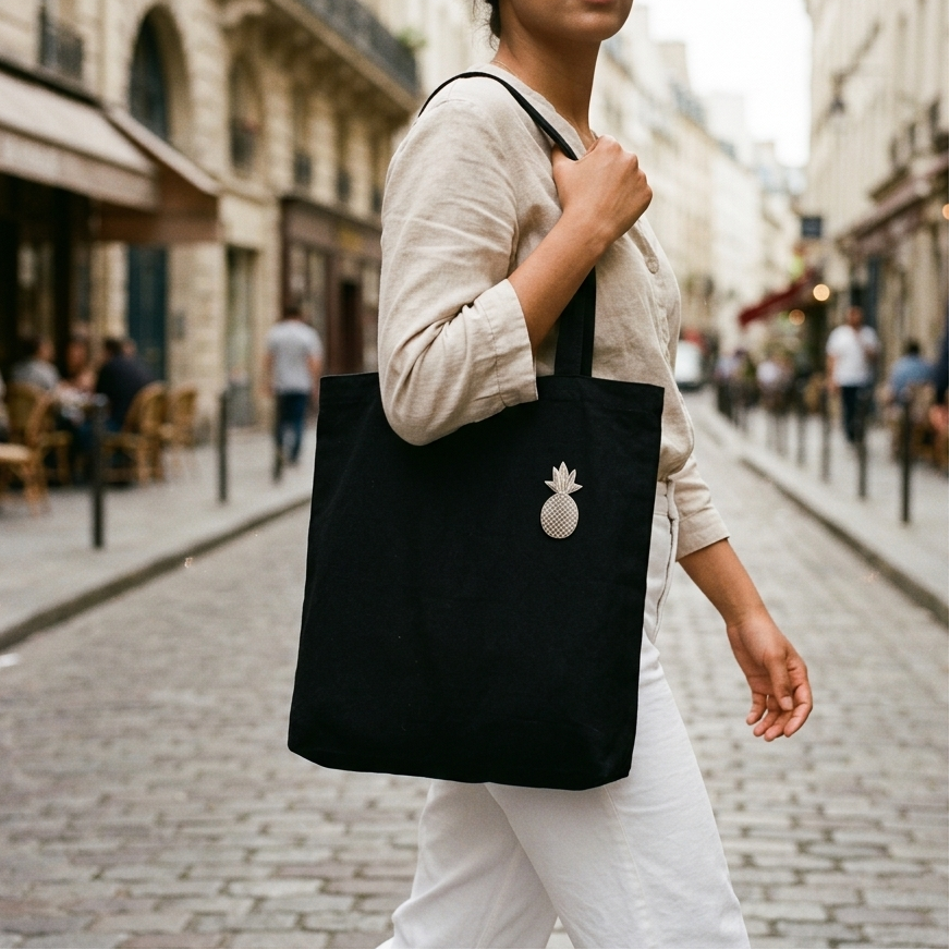 Broche aimantée Coco ananas strass argenté fixée sur tote bag noir style parisien KD Softy Bijoux