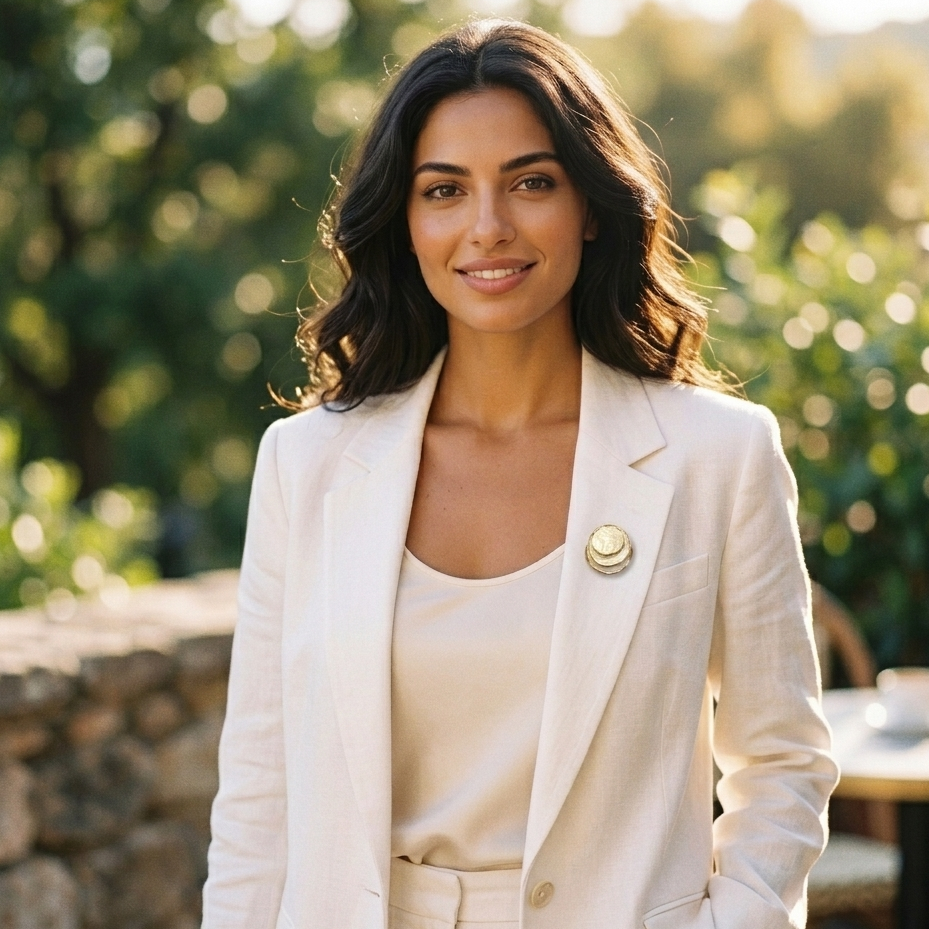 Broche aimantée Luna disques nacrés portée sur blazer blanc terrasse ensoleillée KD Softy Bijoux