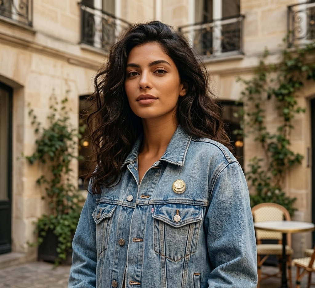 Broche aimantée Luna disques nacrés portée sur veste en jean style parisien KD Softy Bijoux