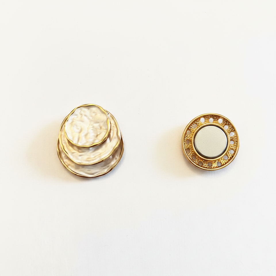 Broche aimantée Luna disques nacrés et pièce magnétique dorée système sans épingle fond blanc KD Softy Bijoux
