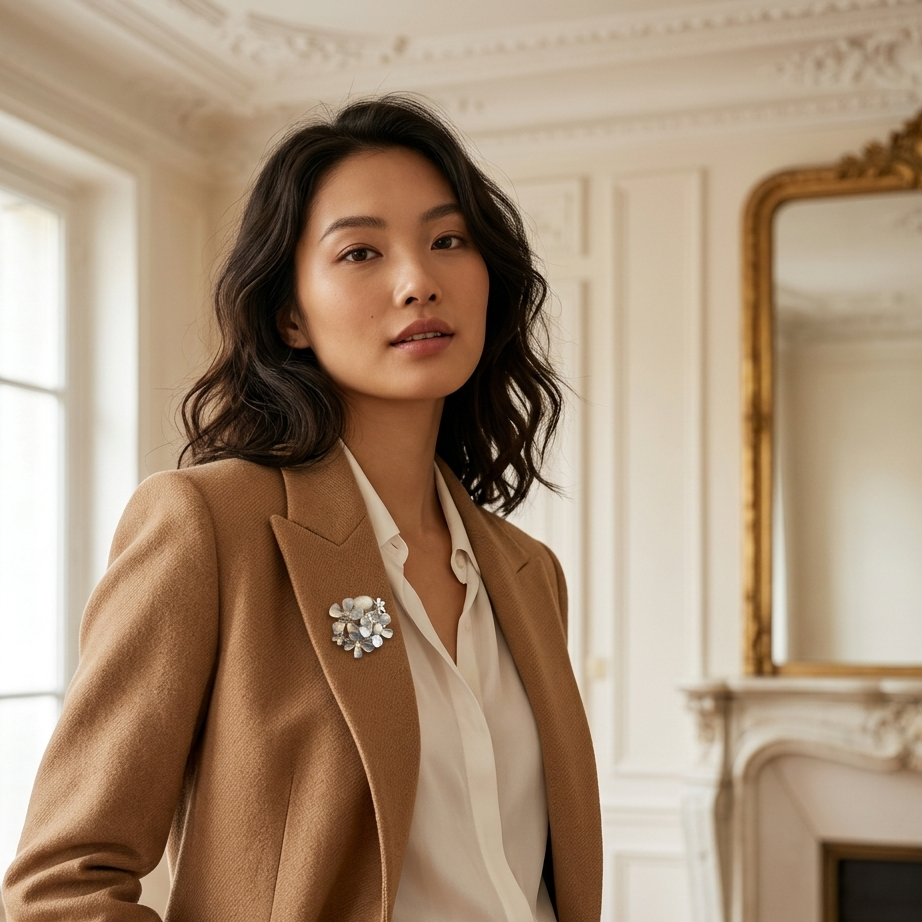 Broche aimantée Opal fleurs argentées nacrées portée sur blazer camel style élégant KD Softy Bijoux