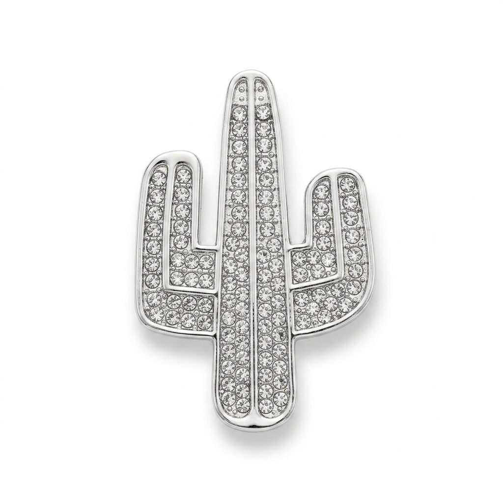 Broche aimantée Sienna cactus serti strass contours métal argenté fond blanc KD Softy Bijoux