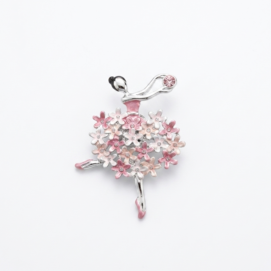 Broche aimantée ballerine émail rose fleurs strass métal argenté fond blanc KD Softy Bijoux