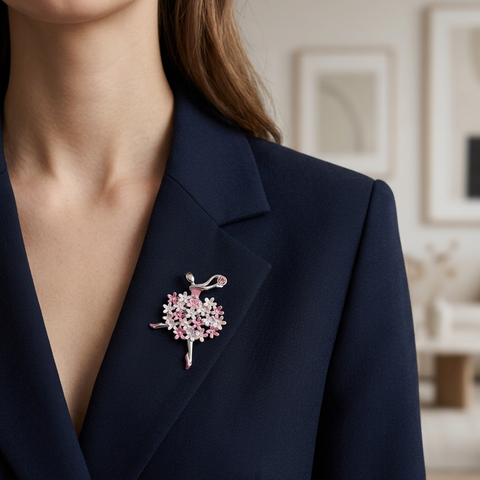 Broche aimantée ballerine fleurs portée sur blazer style féminin élégant
