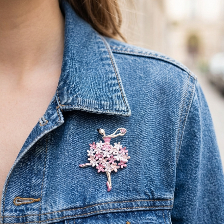 Broche aimantée ballerine fleurs strass portée sur veste en jean style parisien
