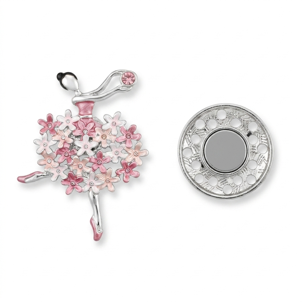 Dos broche aimantée ballerine et pièce magnétique argentée fond blanc
