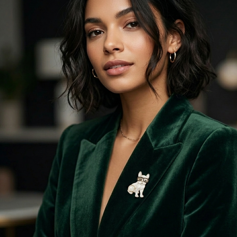 Broche aimantée Lola bouledogue lunettes émail blanc portée sur blazer vert style élégant KD Softy Bijoux