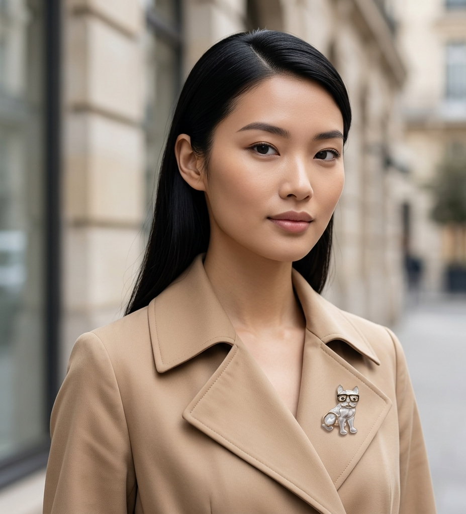 Broche aimantée Lola bouledogue lunettes émail blanc portée sur trench camel style parisien KD Softy Bijoux