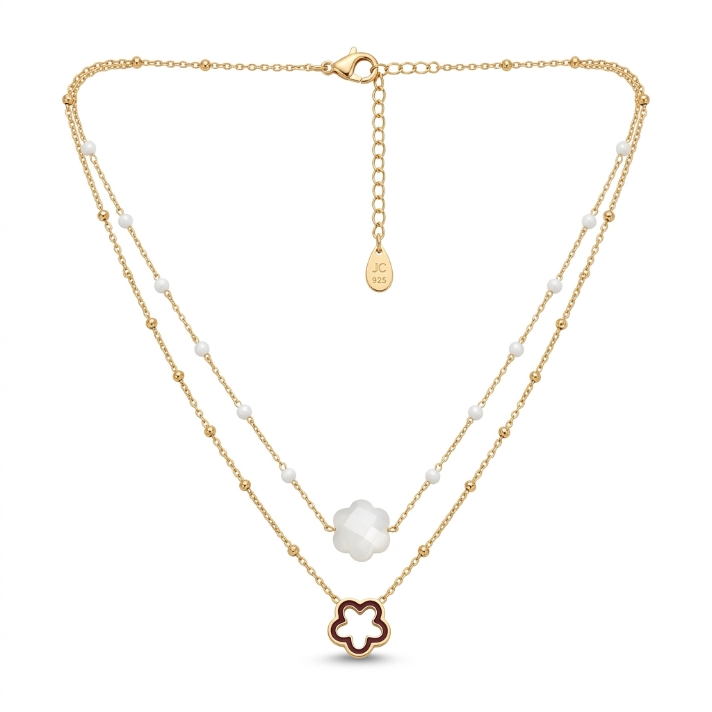 Collier Bloom doré blanc double rangs fond blanc fleur nacrée blanche chaîne dorée acier inoxydable KD Softy Bijoux