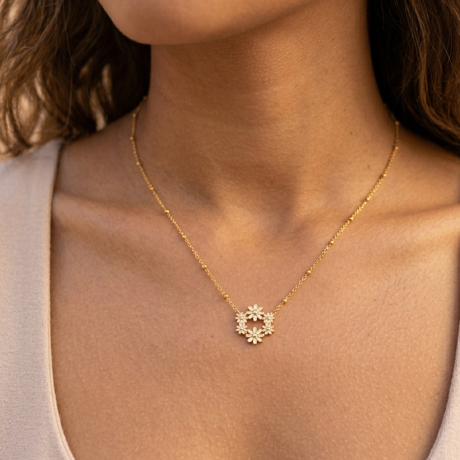 Collier Bouquet chaîne satellite dorée pendentif marguerites blanches gros plan cou décolleté femme KD Softy Bijoux