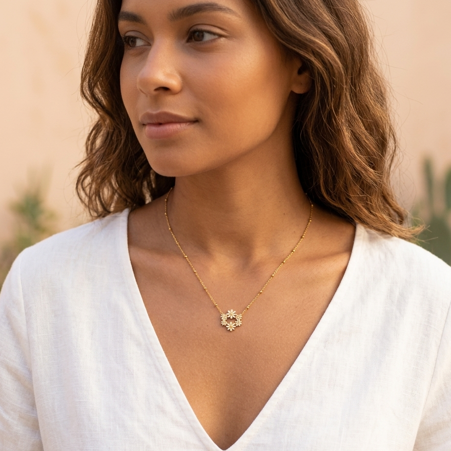 Collier Bouquet chaîne satellite dorée fleurs blanches porté femme peau caramel tenue de jour KD Softy Bijoux