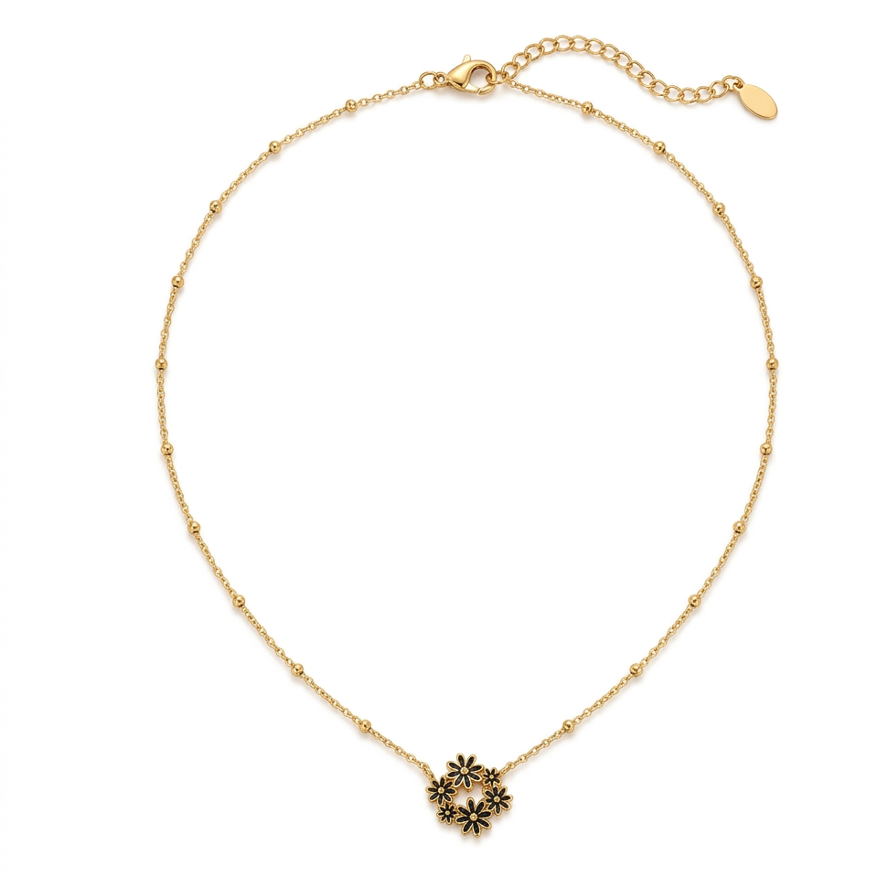 Collier Bouquet chaîne satellite dorée pendentif marguerites noires fond blanc KD Softy Bijoux