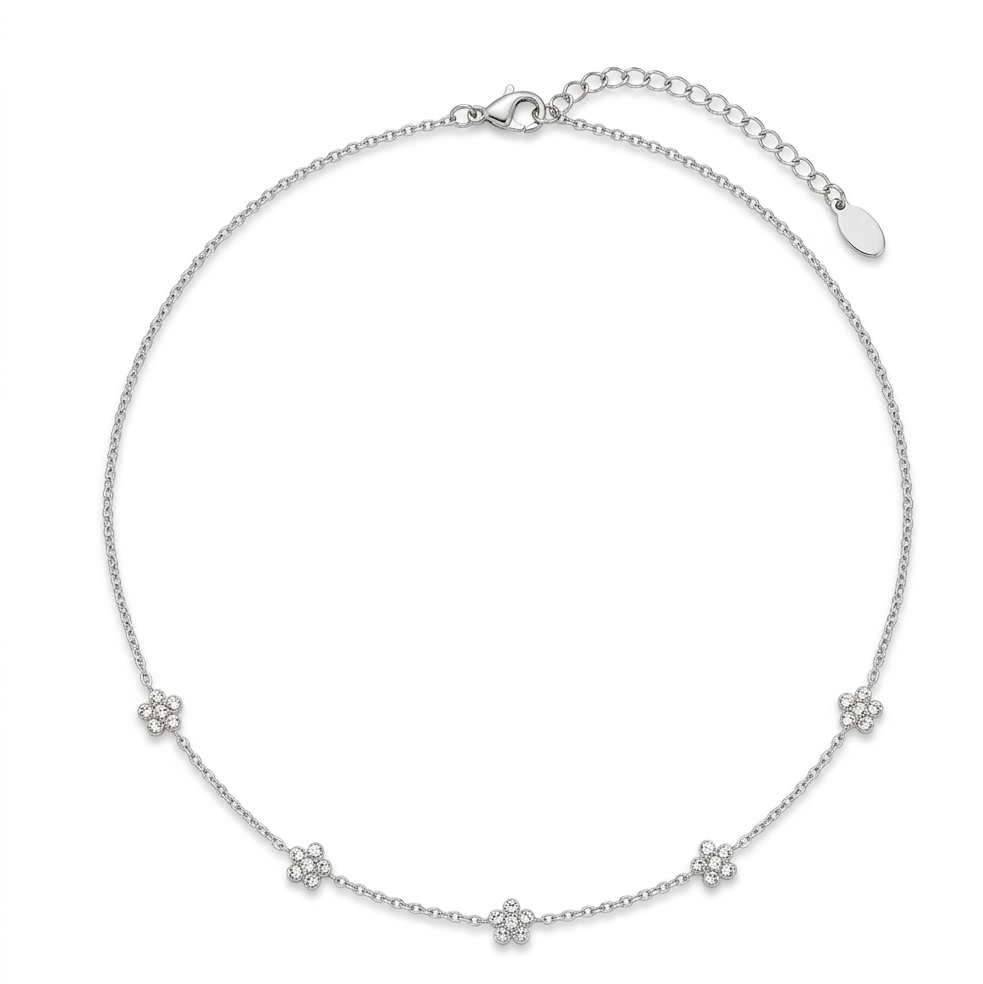 Collier Constellation chaîne fine argentée 5 fleurs strass fond blanc KD Softy Bijoux