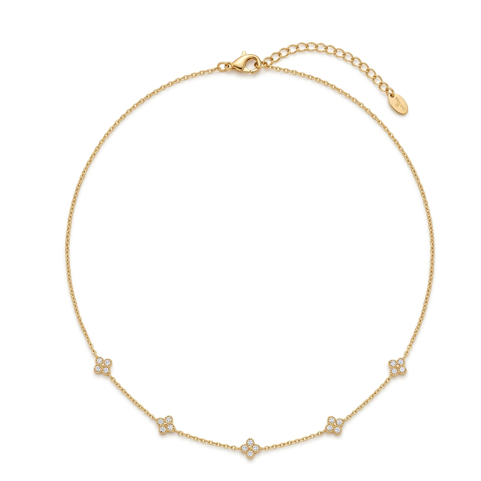 Collier Constellation chaîne fine dorée 5 fleurs strass fond blanc KD Softy Bijoux