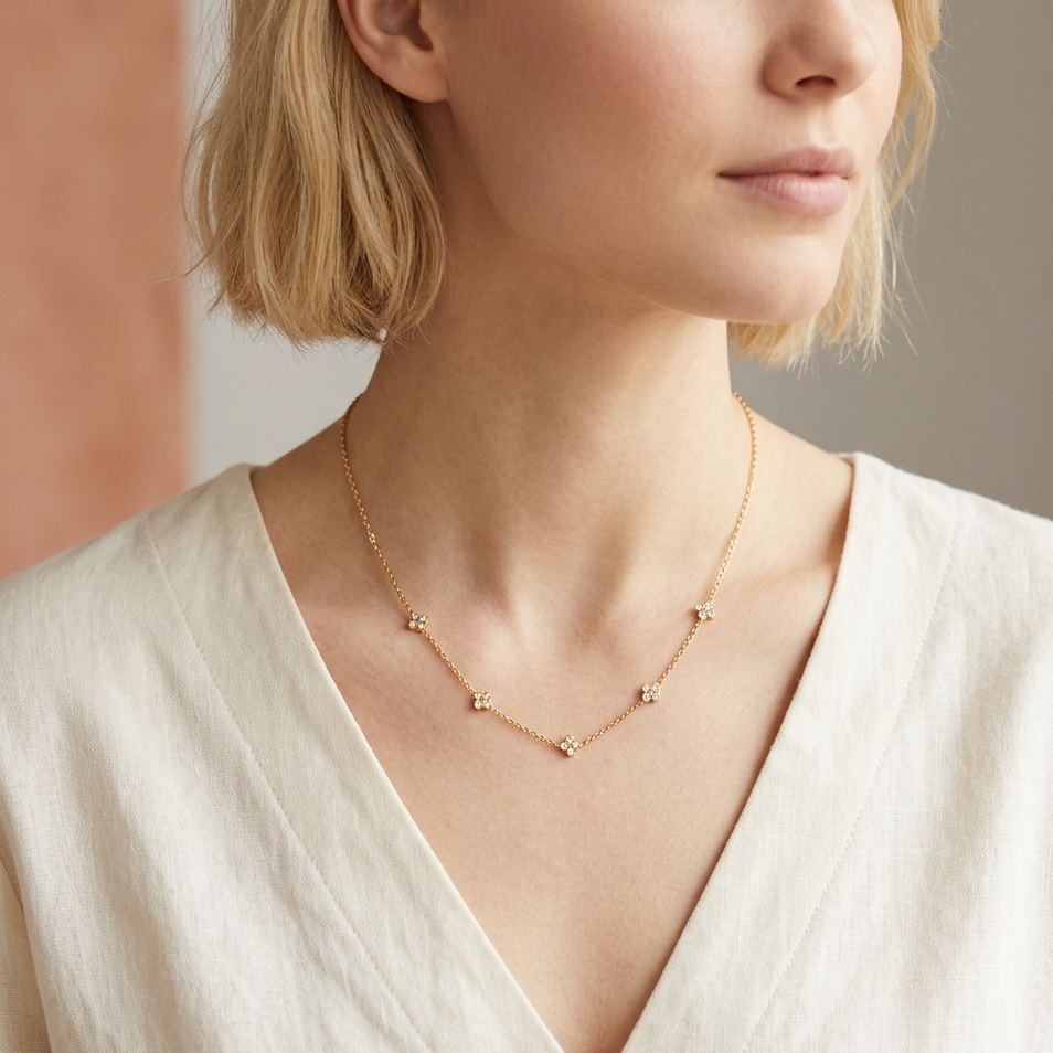 Collier Constellation chaîne dorée fleurs strass porté femme blonde européenne tenue de jour KD Softy Bijoux