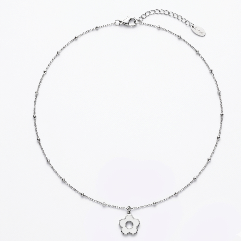 Collier Pétale chaîne satellite argentée pendentif fleur émail blanc trou central fond blanc acier inoxydable KD Softy Bijoux
