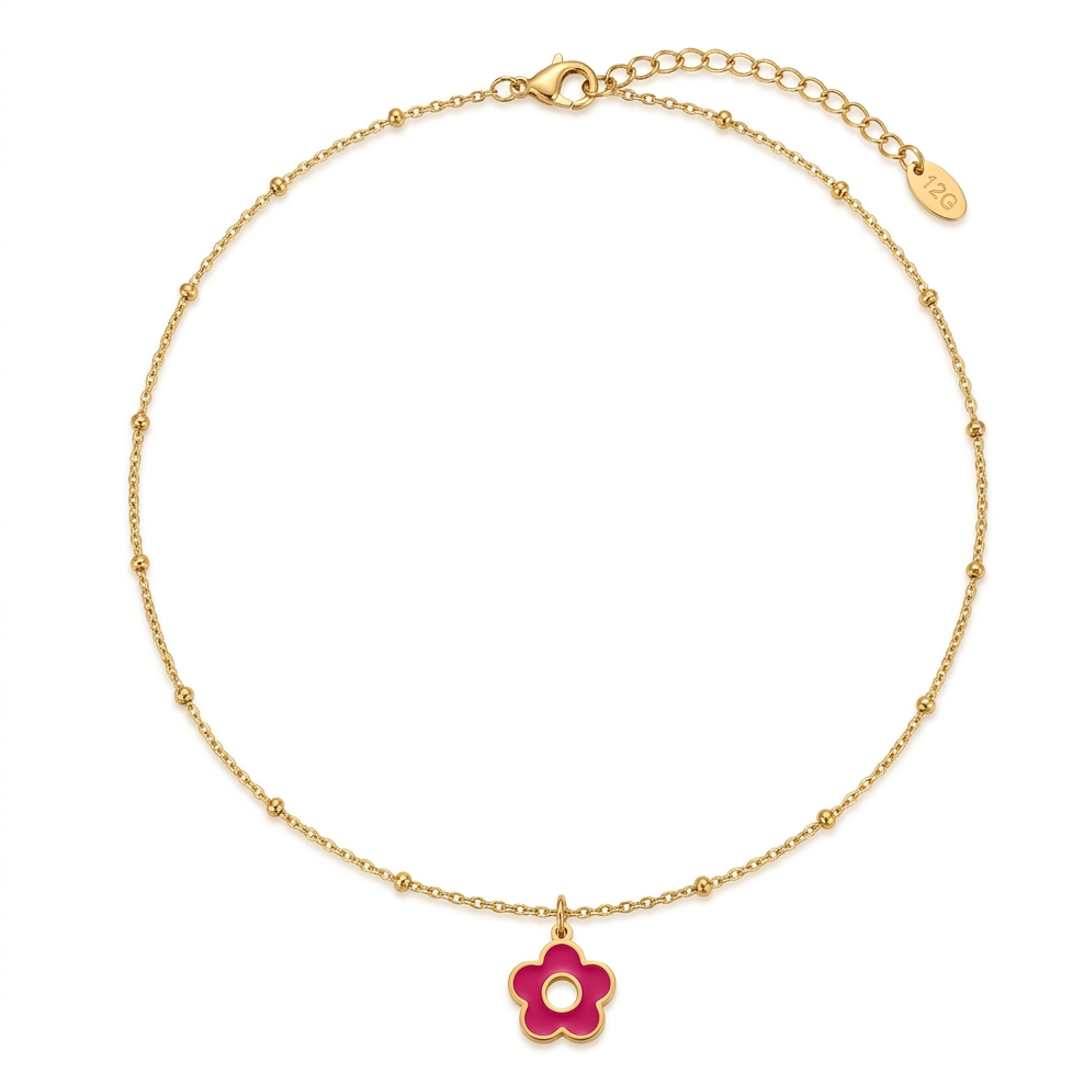 Collier Pétale chaîne satellite dorée pendentif fleur émail fuchsia trou central fond blanc acier inoxydable KD Softy Bijoux
