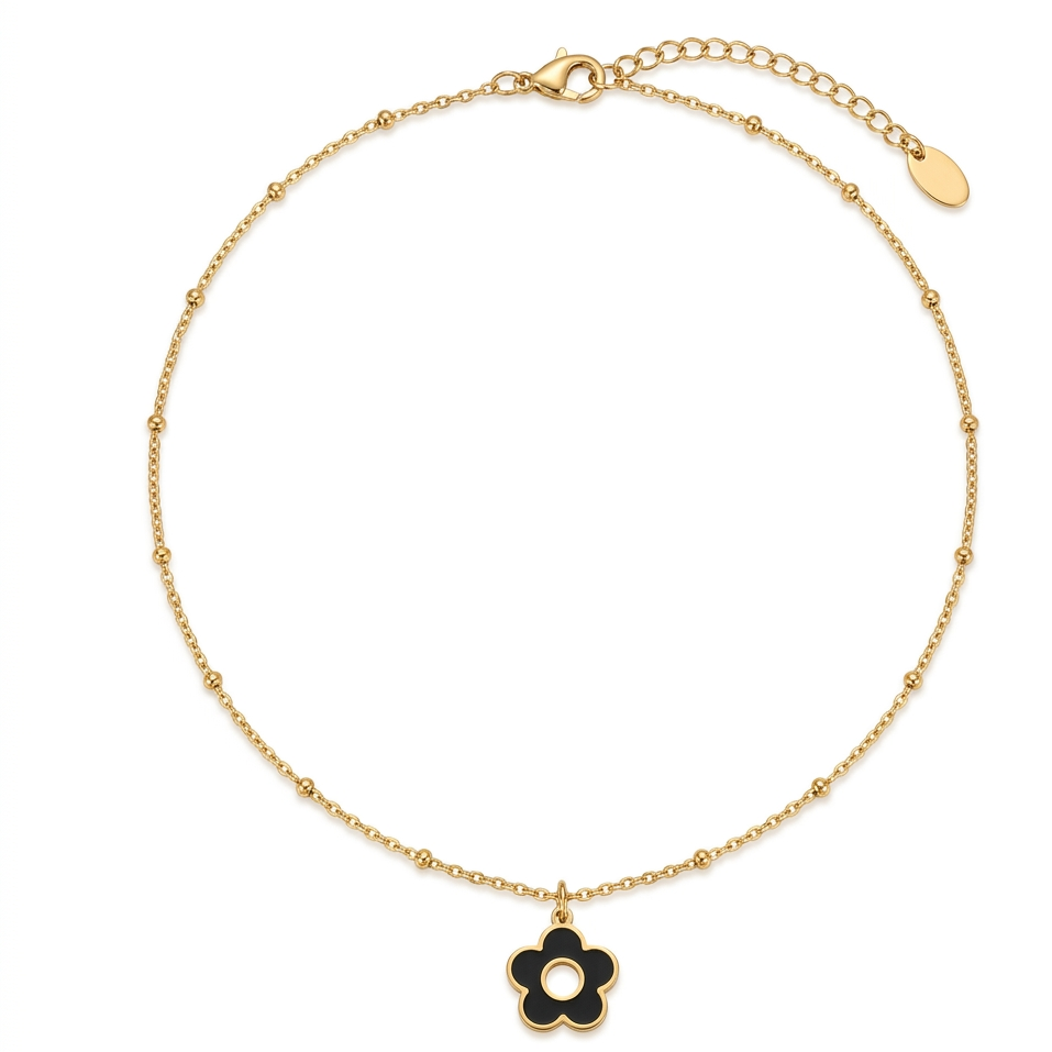 Collier Pétale chaîne satellite dorée pendentif fleur émail noir trou central fond blanc acier inoxydable KD Softy Bijoux